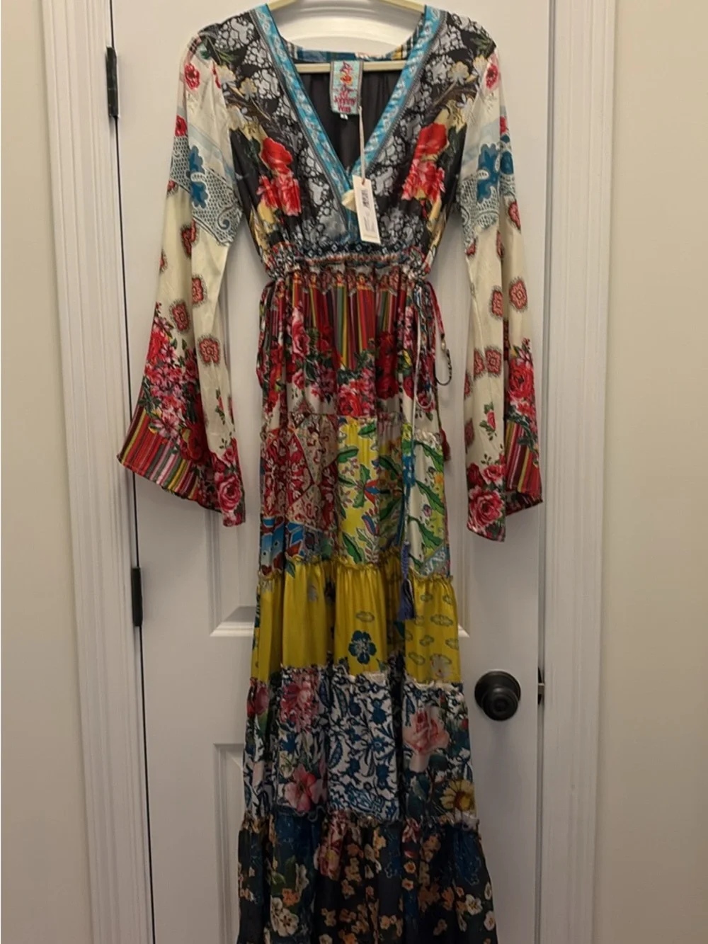 Johnny Was Multicolor Patchwork Maxi Dress with Turquoise Trim - Picture 2 of 15